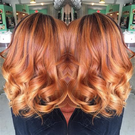 copper hair with shadow root|dark roots light ends technique.